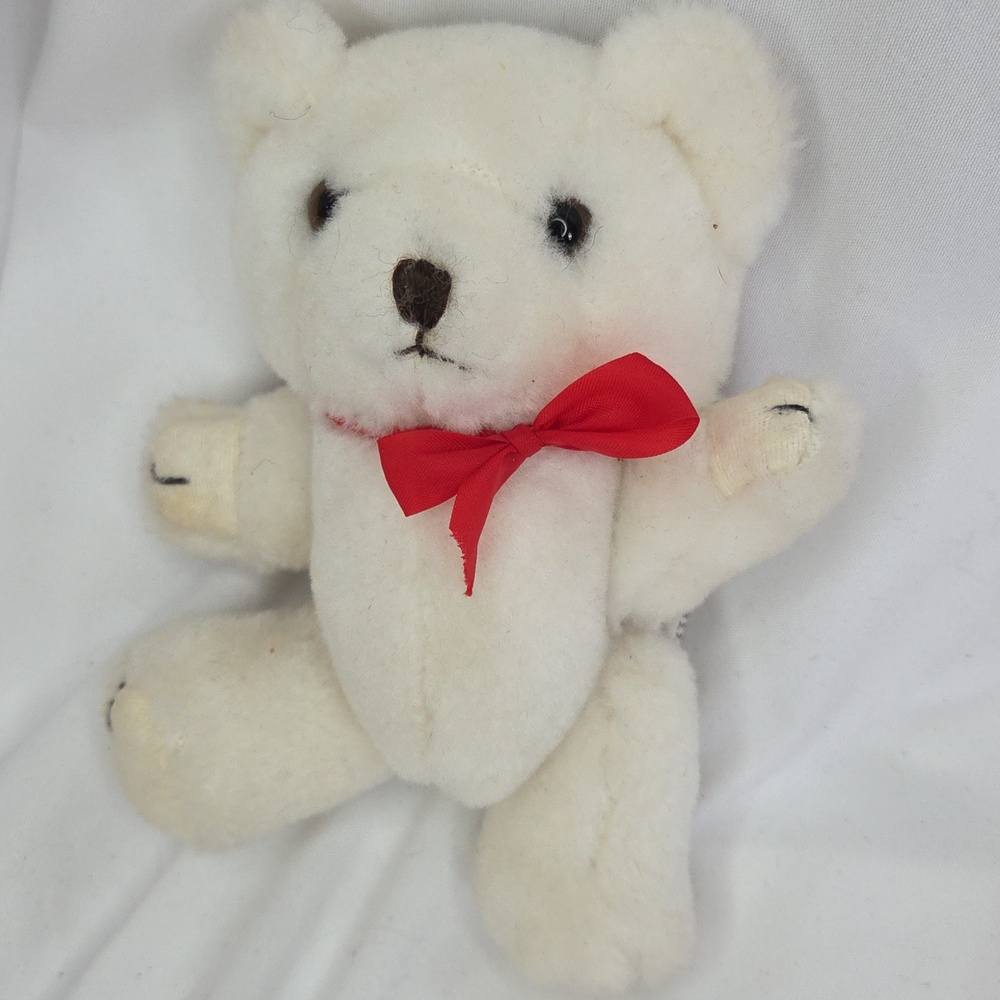 Vintage Polar Teddy Bear with Red Bow 1980s Articulated Plush 5"